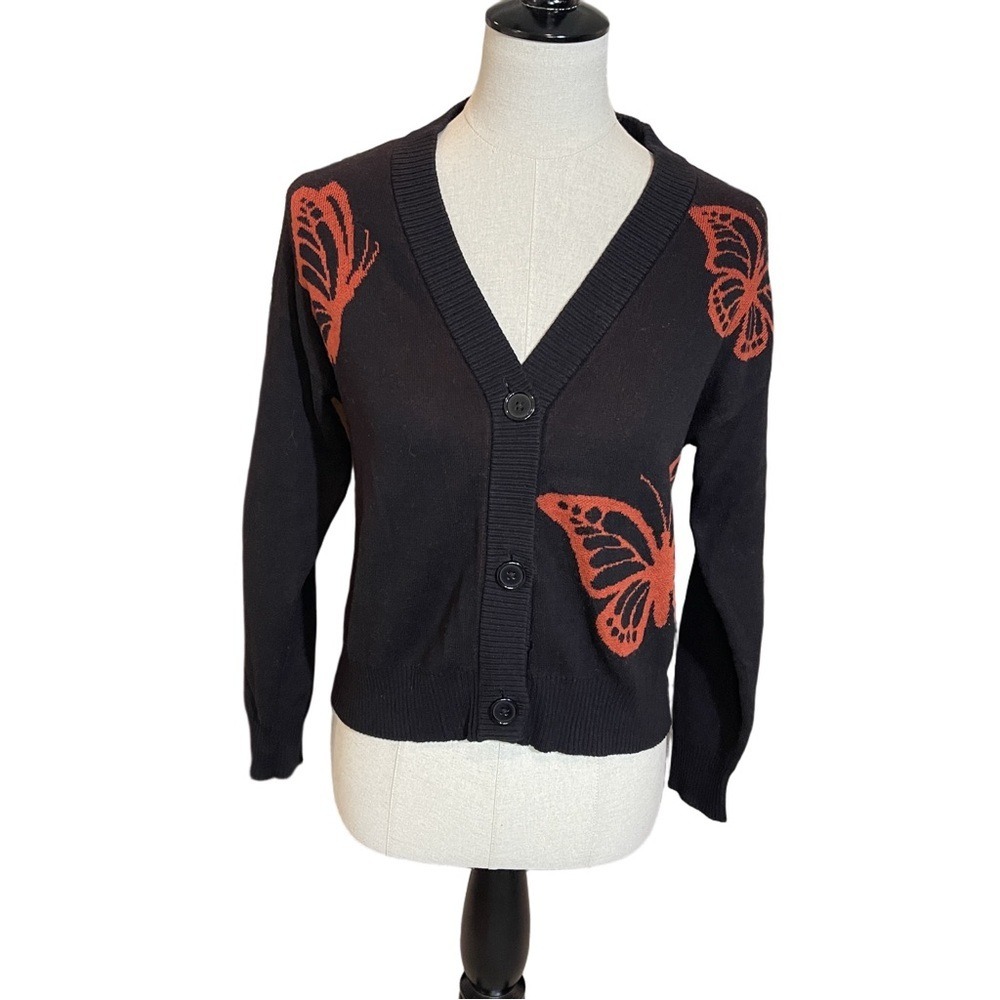 Nikka K XS Black Orange Butterfly Button‎ Cardigan Sweater